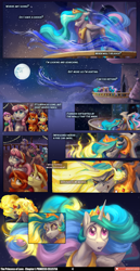 Size: 3541x6883 | Tagged: safe, artist:freeedon, artist:jewellier, artist:lummh, daybreaker, princess celestia, stellar flare, sunburst, sunset shimmer, sunspot (g4), alicorn, earth pony, pegasus, pony, unicorn, comic:the princess of love, g4, absurd resolution, brother and sister, canterlot, canterlot castle, christmas, clothes, colt, comic, decoration, ethereal mane, female, fiery mane, filly, filly sunset shimmer, foal, hat, hearth's warming eve, holiday, lyrics, male, mare, mare in the moon, moon, open mouth, open smile, scarf, siblings, smiling, snow, snowfall, stallion, sunny siblings, text, wall of tags, winter hat, younger