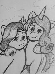 Size: 770x1024 | Tagged: safe, artist:pablosjuarez, izzy moonbow, pipp petals, pegasus, pony, unicorn, g5, cloud, duckface, duo, duo female, female, grayscale, hoof around neck, hoof heart, looking at you, mare, monochrome, pencil drawing, selfie, smiling, traditional art, underhoof