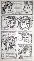 Size: 576x1024 | Tagged: safe, alternate version, artist:pablosjuarez, izzy moonbow, pipp petals, sunny starscout, zipp storm, earth pony, pegasus, pony, unicorn, g5, blushing, comic, confession, dialogue, exclamation point, female, group, implied hitch trailblazer, implied shipping, implied starblazer, implied stormblazer, implied straight, love triangle, mane stripe sunny, mare, monochrome, nose in the air, open mouth, open smile, pencil drawing, quartet, rivalry, royal sisters (g5), shipper on deck, siblings, sisters, smiling, spanish, speech bubble, sweat, sweatdrop, traditional art, volumetric mouth, whispering