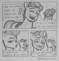 Size: 993x1024 | Tagged: safe, alternate version, artist:pablosjuarez, hitch trailblazer, zipp storm, earth pony, pegasus, pony, g5, adorkable, blushing, comic, conflicted, confused, cute, dialogue, dork, duo, duo male and female, eating, eyes closed, female, food, french fries, hitchbetes, male, mare, monochrome, open mouth, open smile, pencil drawing, ship:stormblazer, shipping, smiling, spanish, sparkles, speech bubble, stallion, straight, traditional art