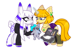 Size: 2338x1516 | Tagged: safe, artist:arina-gremyako, oc, oc only, oc:batilla, oc:pan-path, oc:tippy toes, bat pony, earth pony, hybrid, original species, pony, rabbit pony, unicorn, 2024 community collab, derpibooru community collaboration, bat pony oc, bottle, briefcase, brush, bunny ears, clothes, commission, dress, duo, duo female, ear piercing, earring, evil smile, female, fork, glasses, glowing, glowing horn, grin, hairbrush, hand, hoof hold, horn, jewelry, magic, magic hands, mare, markings, necklace, necktie, oil, piercing, plushie, ponified, ponified oc, raised hoof, regalia, see-through, shirt, simple background, smiling, suit, sweat, sweatdrop, tickling, transparent background, voodoo doll