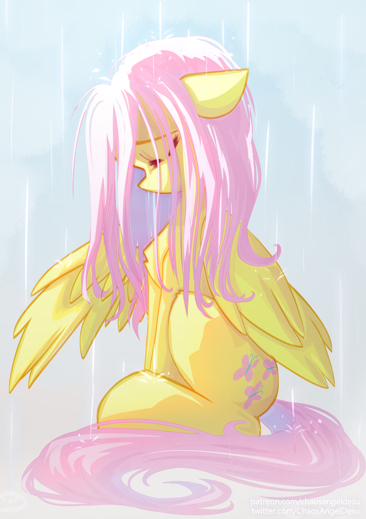 [chest fluff,eyes closed,female,floppy ears,fluttershy,g4,mare,pegasus,pony,rain,sad,safe,sitting,solo,wet,wet mane,wings,gradient background,artist:chaosangeldesu,partially open wings]