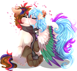 Size: 4044x3706 | Tagged: safe, artist:krissstudios, oc, oc only, hybrid, pegasus, pony, clothes, colored wings, female, kissing, mare, multicolored wings, scarf, simple background, transparent background, wings