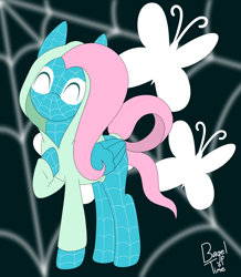 Size: 3570x4091 | Tagged: safe, artist:bageloftime, artist:blackgryph0n, fluttershy, pegasus, pony, g4, bodysuit, clothes, crossover, cutie mark background, eyes closed, female, gift art, high res, hoodie, hoof on chest, mare, marvel, signature, solo, spider web, spider-man, spider-pony, spider-sona, spider-verse, spidershy, superhero, superhero costume, vector