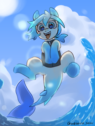 Size: 3072x4096 | Tagged: safe, artist:metaruscarlet, oc, oc only, oc:beach crystal, merpony, original species, pony, clothes, cloud, fish tail, looking at you, ocean, open mouth, solo, sun, tail, water