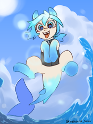 Size: 3072x4096 | Tagged: safe, artist:metaruscarlet, oc, oc only, oc:beach crystal, merpony, original species, pony, clothes, cloud, fish tail, looking at you, ocean, open mouth, solo, sun, tail, water