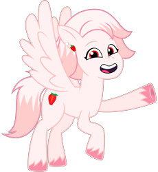 Size: 7530x8192 | Tagged: safe, artist:thatguy1945, oc, oc only, oc:strawberry jewel, pegasus, pony, 2024 community collab, derpibooru community collaboration, g5, my little pony: tell your tale, absurd resolution, calarts, ear piercing, earring, female, flying, jewelry, mare, open mouth, pegasus oc, piercing, simple background, smiling, solo, transparent background, unshorn fetlocks, vector, waving, wings