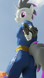 Size: 2160x3840 | Tagged: safe, artist:marianokun, oc, oc:haze rad, unicorn, anthro, fallout equestria, 3d, advertisement, aiming, anthro oc, ass, blender, butt, clothes, commission, commissioner:biohazard, gun, high res, jumpsuit, looking at you, male, pipboy, smiling, smiling at you, solo, vault suit, weapon