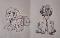 Size: 1680x1076 | Tagged: safe, artist:anykoe, oc, oc:anykoe, oc:meem, earth pony, unicorn, bell, bell collar, clothes, collar, ear fluff, earth pony oc, glasses, heart, heart eyes, horn, monochrome, pen drawing, simple background, sitting, socks, tongue out, traditional art, unicorn oc, white background, wingding eyes