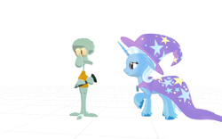 Size: 1920x1200 | Tagged: safe, artist:puzzlshield2, trixie, pony, g4, 3d, cape, clarinet, clothes, crossover, friendshipping, hat, meme, mmd, musical instrument, sb-129, spongebob squarepants, squidward tentacles, story included, trixie's cape, trixie's hat, void