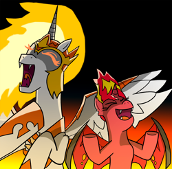 Size: 1216x1195 | Tagged: safe, artist:twi clown, daybreaker, sunset shimmer, alicorn, demon, demon pony, pony, g4, adoraevil, cute, duo, evil, evil laugh, female, fiery teacher and apprentice, laughing, mare, shimmerbetes, sunset satan