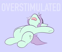 Size: 2047x1712 | Tagged: safe, artist:mscolorsplash, oc, oc only, oc:mod chi, pony, unicorn, female, lying down, mare, on back, open mouth, ponysona, purple background, simple background, solo, text