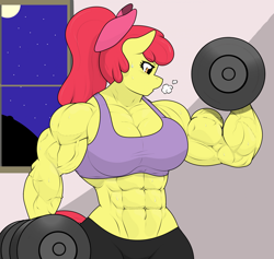 Size: 1970x1870 | Tagged: safe, artist:matchstickman, apple bloom, earth pony, anthro, matchstickman's apple brawn series, g4, abs, apple brawn, bicep flex, biceps, breasts, busty apple bloom, clothes, deltoids, dumbbell (object), female, flexing, mare, muscles, muscular female, night, older, older apple bloom, pecs, solo, sweat, triceps, vein, weights