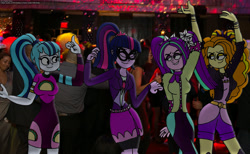 Size: 3000x1850 | Tagged: safe, artist:rdj1995, adagio dazzle, aria blaze, sci-twi, sonata dusk, twilight sparkle, human, equestria girls, g4, dancing, female, irl, irl human, music festival outfit, new years eve, party, photo, real life background, the dazzlings