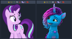 Size: 515x279 | Tagged: safe, artist:andoanimalia, edit, edited screencap, screencap, misty brightdawn, starlight glimmer, pony, unicorn, derpibooru, g4, g5, my little pony: make your mark, my little pony: make your mark chapter 6, secrets of starlight, to change a changeling, spoiler:g5, spoiler:my little pony: make your mark, spoiler:my little pony: make your mark chapter 6, spoiler:mymc06e04, background removed, female, juxtaposition, juxtaposition win, looking at each other, looking at someone, mare, meme, meta, open mouth, open smile, rebirth misty, smiling