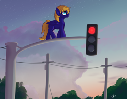 Size: 4000x3104 | Tagged: safe, artist:cloudybirb, oc, oc only, oc:cloud quake, pegasus, pony, cloud, female, folded wings, looking up, mare, outdoors, red light, scenery, sky, solo, stoplight, sunset, telephone pole, wings