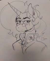 Size: 1691x2048 | Tagged: safe, artist:thelunarmoon, oc, oc only, oc:lunar moon, unicorn, anthro, bust, clothes, freckles, glasses, grayscale, lidded eyes, male, monochrome, pencil drawing, smiling, solo, stallion, style emulation, traditional art, uniform