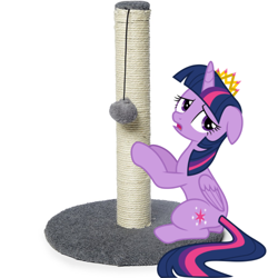 Size: 900x900 | Tagged: safe, artist:cloudy glow, edit, edited screencap, screencap, twilight sparkle, alicorn, pony, g4, twilight's kingdom, behaving like a cat, crown, female, floppy ears, jewelry, mare, regalia, sad, scratching post, simple background, solo, twilight cat, twilight sparkle (alicorn), vector, white background, you'll play your part