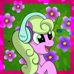 Size: 2200x2200 | Tagged: safe, artist:grimthreshold, daisy, flower wishes, pony, g4, bush, bust, cute, daisybetes, female, flower, happy, headphones, music notes, portrait, smiling, solo
