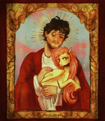 Size: 3491x4000 | Tagged: safe, artist:swollenbabyfat, fluttershy, human, pegasus, pony, g4, crossover, duo, duo male and female, eyes closed, female, hannibal (tv series), high res, holding a pony, jesus christ, male, mare, will graham