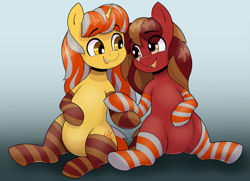 Size: 1655x1200 | Tagged: safe, artist:ahobobo, oc, oc only, oc:cherry spirit, oc:cinderheart, earth pony, pony, unicorn, belly, belly freckles, clothes, duo, female, freckles, gradient background, holding hooves, looking at each other, looking at someone, mare, sitting, smiling, smiling at each other, socks, striped socks