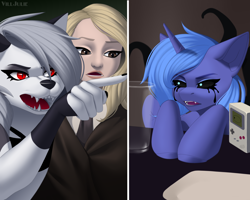 Size: 2500x2000 | Tagged: safe, artist:villjulie, princess luna, alicorn, demon, hellhound, human, pony, anthro, loony luna, g4, angry, anthro with ponies, confused, crossover, female, game boy, glass, harry potter (series), hellaverse, hellborn, helluva boss, loona (helluva boss), luna lovegood, meme, namesake, plate, pointing, pun, s1 luna, table, tentacles, trio, trio female, visual pun, woman yelling at a cat