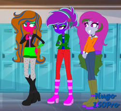 Size: 750x687 | Tagged: safe, artist:hugo150pro, color edit, edit, oc, equestria girls, g4, boots, colored, equestria girls-ified, lockers, low effort, low quality, shoes, trio