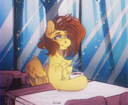 Size: 1142x936 | Tagged: safe, oc, oc only, oc:yuris, pegasus, pony, cafe, chest fluff, freckles, glasses, sitting, smiling, snow, snowfall, solo, trade, window