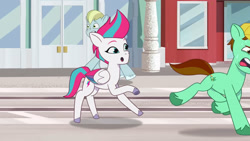 Size: 3072x1727 | Tagged: safe, screencap, clapboard snap, emerald saucer, zipp storm, earth pony, pegasus, pony, g5, icy prints, my little pony: tell your tale, spoiler:g5, spoiler:my little pony: tell your tale, :o, female, male, mare, open mouth, running, stallion, sweat, sweatdrop, trio