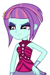 Size: 890x1340 | Tagged: safe, edit, edited screencap, screencap, sunny flare, human, equestria girls, equestria girls specials, g4, my little pony equestria girls: dance magic, background removed, eyeshadow, hand on hip, looking at someone, makeup, png, shadowbolts, simple background, smiling, solo, transparent background