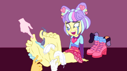 Size: 1332x748 | Tagged: safe, artist:qwqlqaq, supernova zap, equestria girls, g4, barefoot, clothes, crying, feet, female, fetish, foot fetish, foot focus, laughing, shoes, shoes off, shoes removed, sitting, socks, soles, su-z, tears of laughter, tickle fetish, tickle torture, tickling, toenails, toes