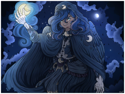 Size: 1280x960 | Tagged: safe, artist:binibean, princess luna, human, g4, cloak, clothes, female, full moon, humanized, looking at you, magic, moon, night, solo, tan skin