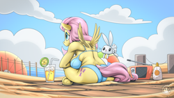 Size: 2560x1440 | Tagged: safe, artist:mysticalpha, angel bunny, fluttershy, pegasus, rabbit, anthro, unguligrade anthro, g4, animal, ass, beach, beach ball, bikini, bikini bottom, bikini top, breasts, busty fluttershy, butt, clothes, drink, facing away, female, flutterbutt, mare, rear view, sideboob, small wings, swimsuit, wings