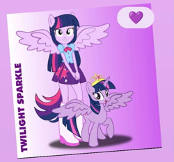 Size: 939x879 | Tagged: safe, artist:rarity3257, edit, twilight sparkle, alicorn, human, pony, equestria girls, g4, alicorn wings, big crown thingy, boots, element of magic, gradient background, heart, human ponidox, jewelry, ponied up, pony ears, regalia, self paradox, self ponidox, shoes, spread wings, wings