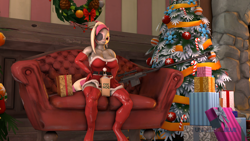 Size: 1920x1080 | Tagged: safe, artist:universalblue, oc, oc:hired gun, anthro, unguligrade anthro, fallout equestria, 3d, christmas, christmas tree, couch, crush fetish, eggnog, eyepatch, fallout equestria heroes, fetish, gun, holiday, hooves, latex, muscles, present, rifle, scar, thighs, tree, weapon