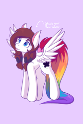 Size: 1365x2048 | Tagged: safe, artist:mscolorsplash, oc, oc only, oc:color splash, pegasus, pony, concave belly, female, mare, purple background, rainbow tail, silly, simple background, solo, spread wings, tail, tongue out, wings