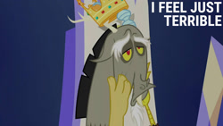 Size: 2000x1124 | Tagged: safe, edit, edited screencap, editor:quoterific, screencap, discord, draconequus, g4, season 5, what about discord?, crown, jewelry, male, pulling, regalia, solo, text edit, twilight's castle
