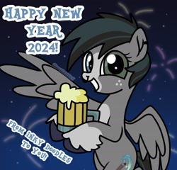 Size: 1760x1689 | Tagged: safe, artist:doodlesinky, oc, oc only, oc:inky doodles, pegasus, ear piercing, fireworks, happy new year, holiday, nonbinary, nose piercing, pegasus oc, piercing, solo, text
