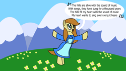 Size: 1920x1080 | Tagged: safe, artist:platinumdrop, caramel latte, g4, g4.5, my little pony: pony life, one click wonder, clothes, commission, dancing, g4.5 to g4, generation leap, music notes, singing, solo, speech bubble, the sound of music