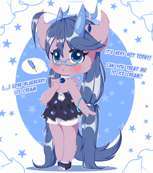 Size: 4000x4500 | Tagged: safe, artist:chura chu, oc, oc only, oc:blueberry bell, earth pony, anthro, anime style, anthro oc, blushing, chibi, clothes, coral, cute, dialogue, dress, female, food, glasses, horns, ice cream, mare, ponytails, solo