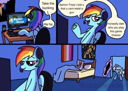 Size: 695x495 | Tagged: safe, artist:doodlesinky, applejack, rainbow dash, trixie, pegasus, pony, unicorn, g4, body pillow, comic, drink, energy drink, female, fortnite, funny, gamerdash, gun, implied appledash, implied lesbian, implied shipping, lesbian pride flag, levitation, magic, monster energy, poster, pride, pride flag, speech bubble, telekinesis, this will end in death, this will end in tears, this will end in tears and/or death, weapon