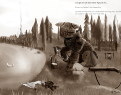 Size: 4480x3508 | Tagged: safe, oc, oc:crossover, oc:katka, bird, goose, armor, campfire, dirty, project:wundr, punt gun, sepia, smoke