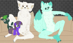 Size: 1700x1000 | Tagged: safe, artist:xada, earth pony, goo, pony, unicorn, big tail, brick wall, brown eyes, claws, colt, couch, feral, floppy ears, foal, furry, gradient eyes, green body, green coat, green eyes, green mane, group, male, neck fluff, owo, purple coat, roblox, sitting, spotted, stone wall, tail, white body