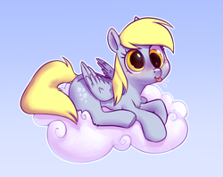 Size: 2058x1626 | Tagged: safe, artist:smeevel27, derpy hooves, pegasus, pony, g4, :p, blue, cloud, cross-eyed, cute, derpabetes, female, folded wings, gradient background, lying down, lying on a cloud, mare, on a cloud, prone, solo, tongue out, wings