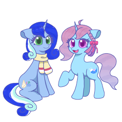 Size: 6000x6000 | Tagged: safe, artist:nfc100%ponies, oc, oc only, oc:aquarius stardust, oc:turquoise wavelet, pony, unicorn, 2024 community collab, derpibooru community collaboration, clothes, duo, duo female, female, horn, scarf, simple background, sitting, transparent background