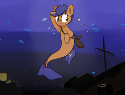 Size: 2354x1796 | Tagged: safe, artist:taurson, oc, oc:dicey digs, earth pony, fish, seapony (g4), bag, blue background, bubble, commission, crepuscular rays, dark, dorsal fin, dropping, earth pony oc, explorer, exploring, fin, fish tail, flowing mane, flowing tail, ocean, scared, seaponified, shipwreck, simple background, species swap, sunlight, swimming, tail, underwater, water
