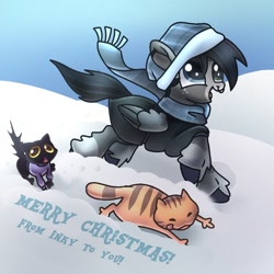 Size: 1024x1024 | Tagged: safe, artist:doodlesinky, oc, oc:inky doodles, cat, pegasus, christmas, clothes, ear piercing, hat, holiday, merry christmas, nonbinary, nose piercing, pegasus oc, pets, piercing, rug, running, scarf, snow, text, trio, winter
