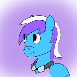 Size: 2000x2000 | Tagged: safe, artist:lahtdah, oc, oc only, oc:flywheel, pegasus, blue fur, bust, confident, goggles, gradient background, looking to the left, portrait, purple background, solo