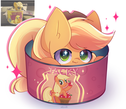 Size: 2650x2300 | Tagged: safe, artist:miryelis, applejack, earth pony, pony, g4, :3, applejack's hat, big ears, can, cowboy hat, cute, female, hat, high res, jackabetes, looking at you, mare, outline, photo, pony in a box, reference, simple background, smiling, smiling at you, solo, sparkles, sparkly eyes, toy, white background, wingding eyes