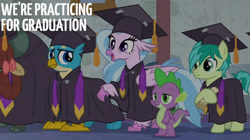 Size: 2000x1123 | Tagged: safe, edit, edited screencap, editor:quoterific, screencap, gallus, sandbar, silverstream, spike, yona, classical hippogriff, hippogriff, g4, my little pony: friendship is magic, school raze, graduation cap, hat, school of friendship